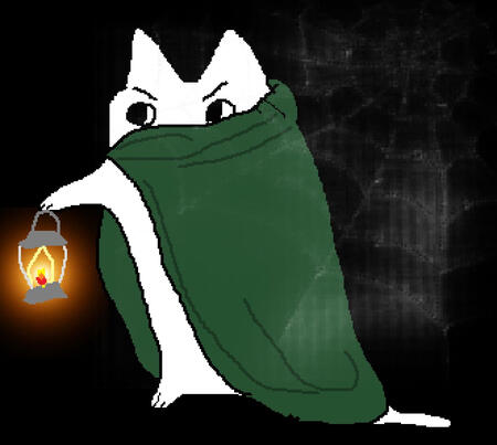 A drawing of a white cat standing on two legs, wearing a green cloak. Their brows are furrowed and they are holding a lantern
