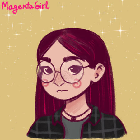 A picrew of a girl with long brown hair. She had round glasses and is wearing a green, plaid shirt.